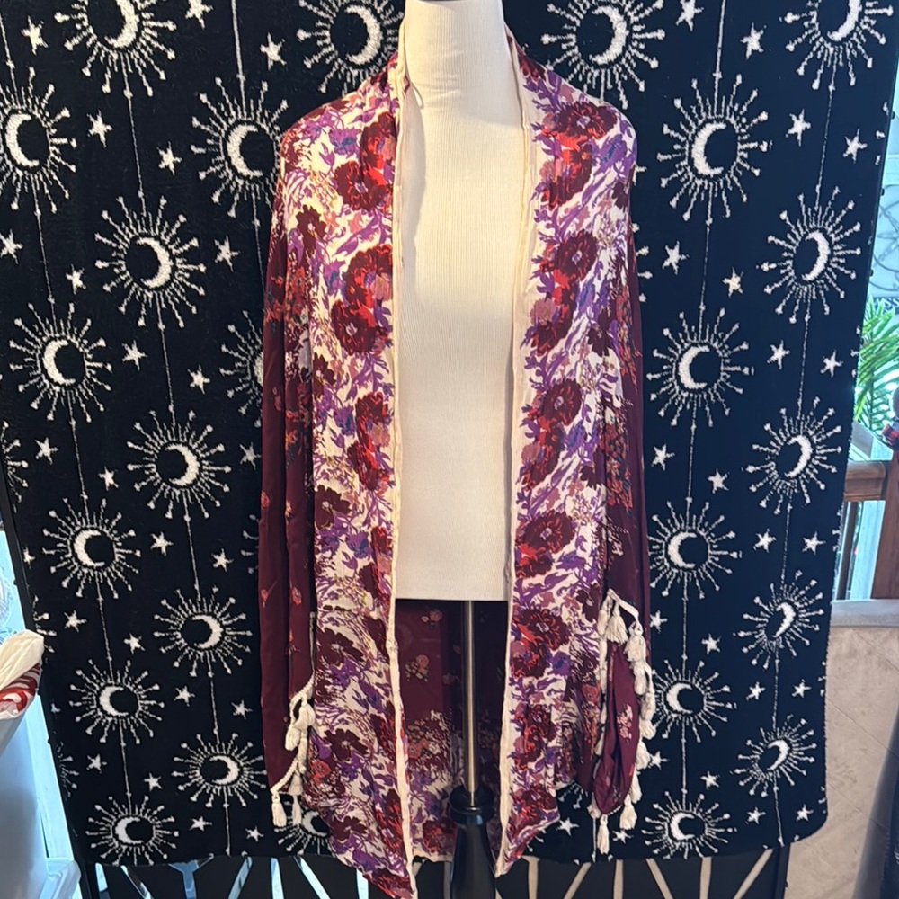 Free People Floral Kimono Cardigan - Red and Purple